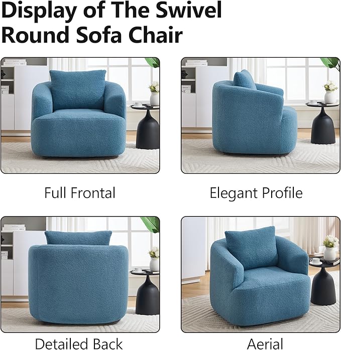 KEIKI 37.4 Oversized 360 Degree Swivel Chair Large Barrel Chairs Upholstered Round Swivel Chair Teddy Fleece Single Sofa Armchair Sleeper Couch for Living Room Lounge Blue