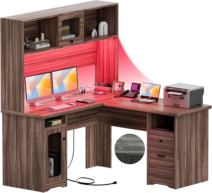 Unikito L Shaped Desk with Drawers 60 Inch Office Desk with Power Outlet and LED Lights Sturdy Corner Computer Desk with Hutch and File Cabinets 2 Person Home Office Gaming Table Rustic Oak