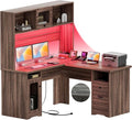 Unikito L Shaped Desk with Drawers 60 Inch Office Desk with Power Outlet and LED Lights Sturdy Corner Computer Desk with Hutch and File Cabinets 2 Person Home Office Gaming Table Rustic Oak