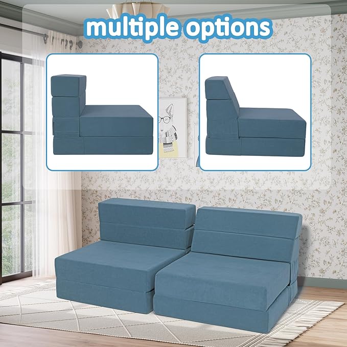Folding Sofa Bed 4 in 1 Convertible Sleeper Chair with Washable Cover Memory Foam Fold Out Chair Bed Portable Floor Futon Sofa Couch for Living Room Dorm Guest Room Home Office Blue | Folding