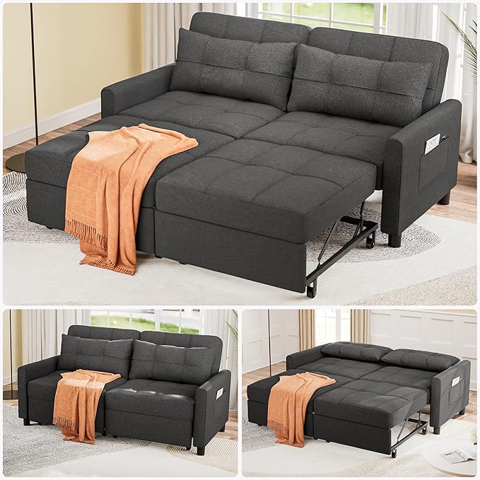 Aiho 58 Sleeper Sofa Bed Pull-Out Couch with Adjustable Backrest and Side Pocket for Living Room (Dark Gray)
