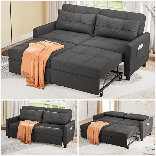 Aiho 58 Sleeper Sofa Bed Pull-Out Couch with Adjustable Backrest and Side Pocket for Living Room (Dark Gray)