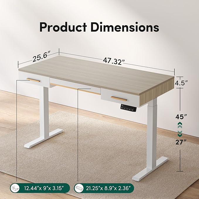 FEZIBO 48 x 26 Inches Electric Standing Desk with 3 Drawers Whole-Piece Mid-Century Modern Sit Stand Up Home Office Desks White Top with White Frame (2 Packages)