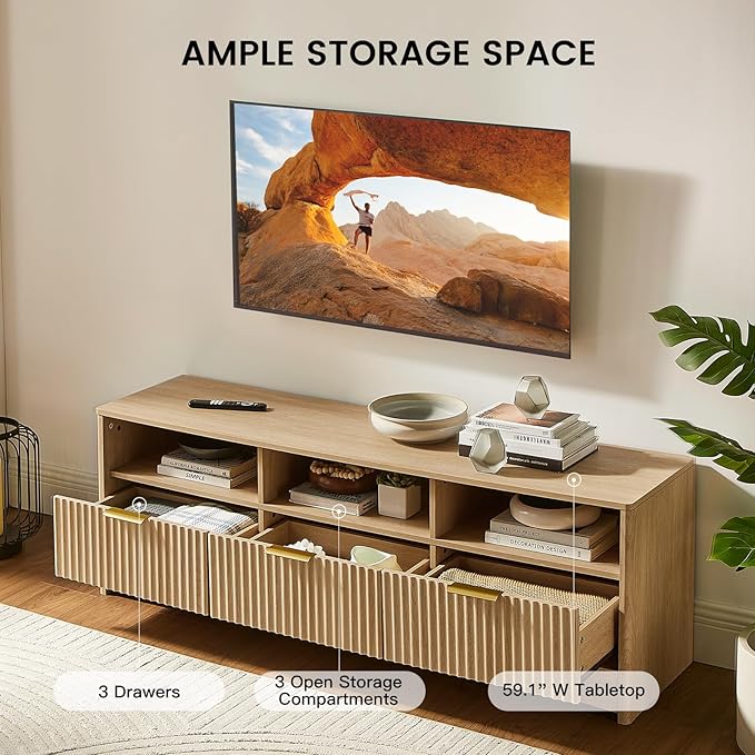 Amada 59 Fluted TV Stand for TVs Up to 65 Mid-Century Modern Entertainment Center with Storage Drawers and Open Shelf TV Console for Living Room or Bedroom Natural Oak