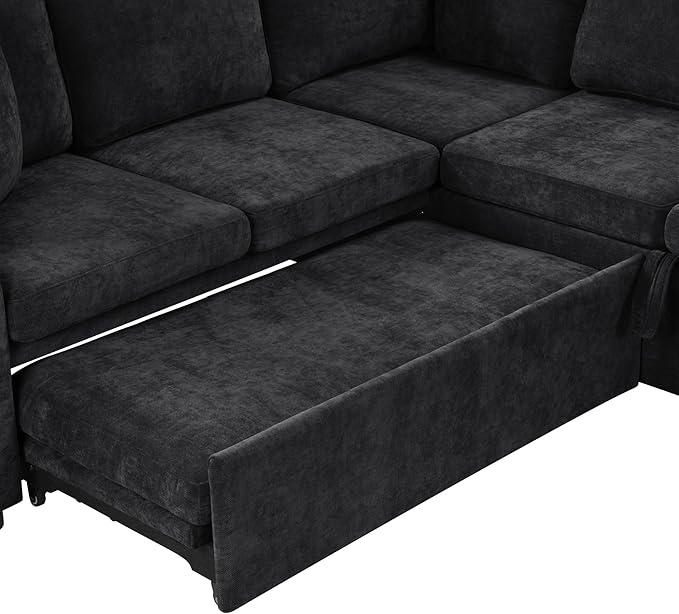 81.9 Sectional Sofa Convertible Pull-Out Sofa Bed Upholstered L-Shaped Sofa Couch with a Sofa Sleeper and a Hidden Storage Compartment for Living Room Apartment (Black-7.2)