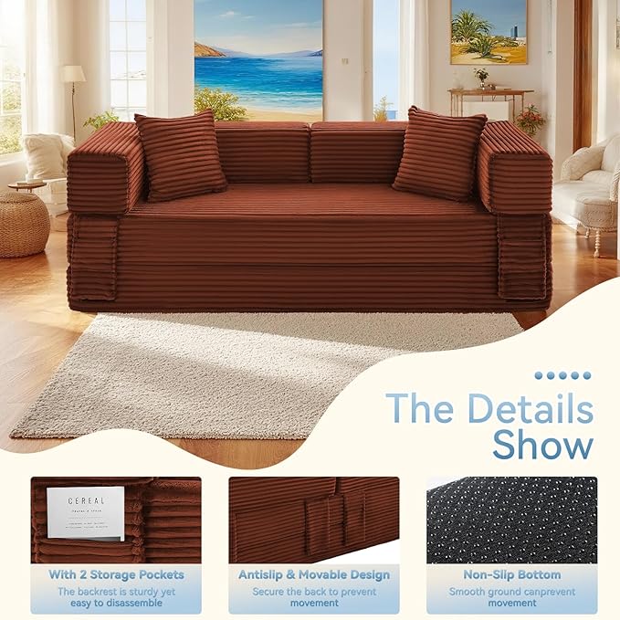 Convertible Sofa Bed5-in-1FoldIing Couch Bed with Removable ArmrestsModular Futon Sleeper Sofa in Box with Pull Out BedsCompression Boneless Couch for Living RoomOrange