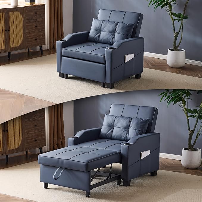 VINGLI Blue Sleeper Chair Bed 3-in-1 Convertible Futon Sofa Bed Pull Out Couch Bed Adjustable Recliner Chair with USB Ports Cup Holders Side Pockets for Living Room Bedroom Small Spaces