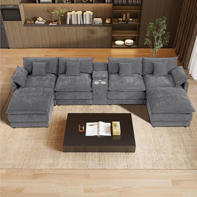 145 Oversized Modular Sectional Sofa U Shaped Cloud Couch Modern 6 Seat Sofa Set for Living Room Comfy Chenille Deep Seat with Storage Central Console Movable Ottomans Cup Holders USB Ports Grey
