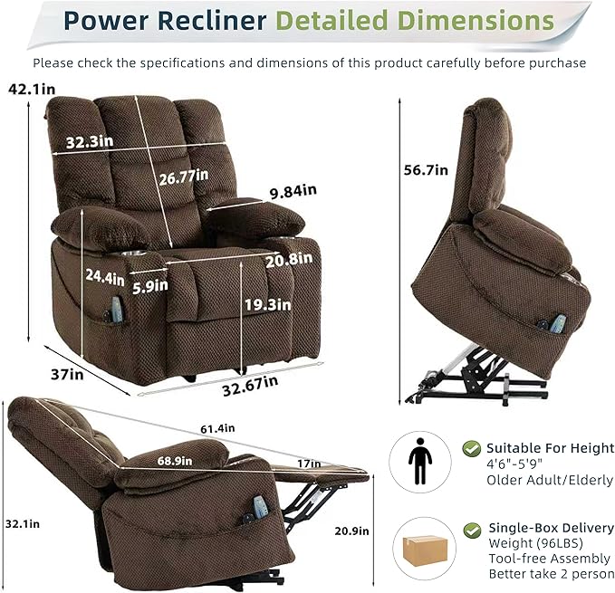Power Lift Recliner Chair for Elderly Velvet Recliner with Massage and Heat Lazy Boy Power Recliner Lay Flat 160° Cup Holders for Living Room