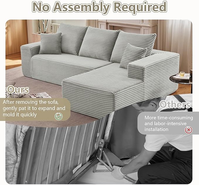 107 Cloud Sectional Couch with L-Shape Chaise Modern Modular Comfy Sofa Chaise Longue Upholstered Corduroy Couches Sleeper with Deep Seat for Living Room Bedroom No Assembly Required Grey