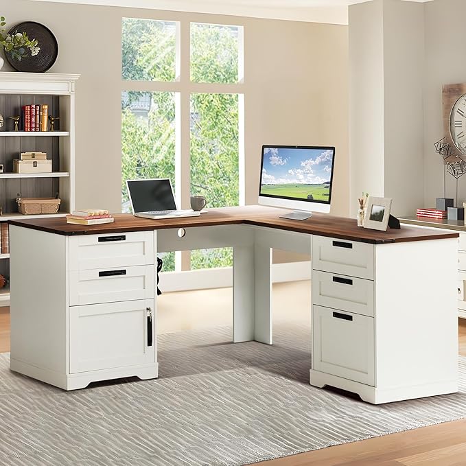60 L Shaped Executive Desk with Drawers Farmhouse Home Office Desk with Charging Station Wood Computer Corner Desk with File Storage Cabinet for Home Office Work and Study (White)