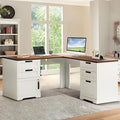 60 L Shaped Executive Desk with Drawers Farmhouse Home Office Desk with Charging Station Wood Computer Corner Desk with File Storage Cabinet for Home Office Work and Study (White)