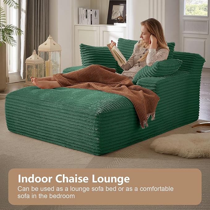 49.2Oversized Chaise Lounge Chair IndoorCorduroy Boneless Reading Chair with 3 PillowsDeep Seat Cloud Sofa BedComfy Modern Sleeper Chairs in Box for Living Room BedroomNo Assembly(Green)
