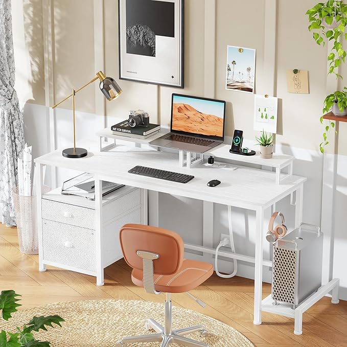 Furologee 47 Computer Desk with File Cabinet and Power Outlets Home Office Desk with 2 Monitor Stands and Storage Drawer Writing Gaming Table with Shelves and 2 Hooks for Bedroom White