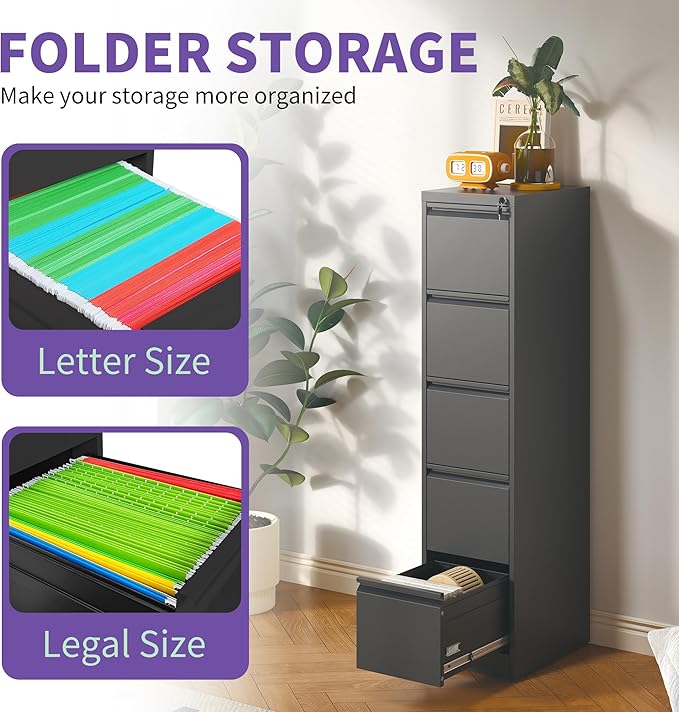 5 Drawer Small Metal Vertical File Cabinet with LockUnder Desk Storage Organizer Filing Cabinets for Home Office Locking Drawers for A4 Legal/Letter SizeBlack