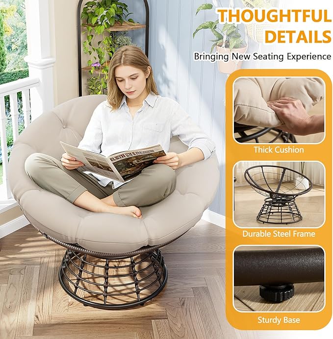 36” Papasan Chair with Cushion and Frame Oversized Papasan Chairs 360° Swivel Polyester Adjustable Feet Suitable for Living Room Patio Bedroom Indoor/Outdoor (Beige)