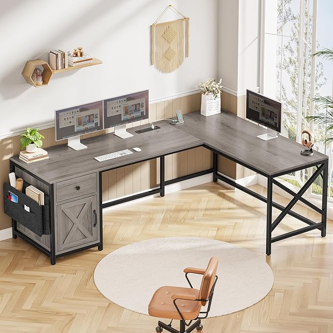 SEDETA 63 L Shaped Desk Convertible Corner Office Desk with Drawer Farmhouse Computer Desk with Power Strip &amp Storage Cabinet for Home Office Grey