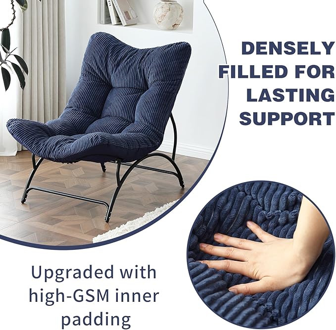 Welnow Accent Lounge Lazy Chair Comfy Soft Leisure Metal Frame Reading Chair Upholstered Thick Cushion Seated Recliner Sofa for Living Room Bedroom Dorm Navy