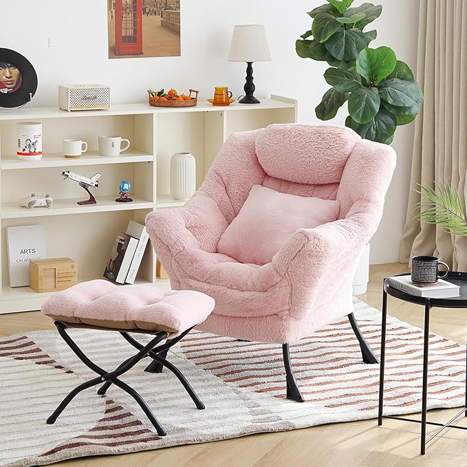 Lazy Chair with Ottoman Comfy Reading Lounge Chair with Footstool &amp Throw Pillow Modern with Armrests &amp Side Pocket for Living Room Bedroom Dorm Room Plush Pink