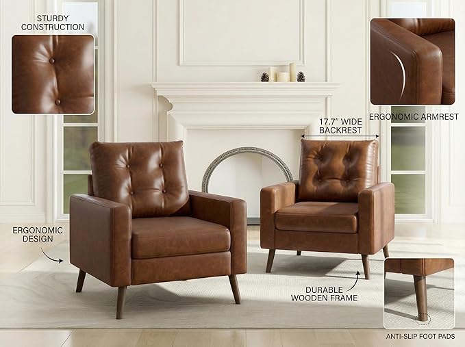 Wahson Accent Chairs Set of 2 Faux Leather Tufted Single Sofa Brown Oversized Club Chair Mid Century Modern Armchair with Wood Legs for Reading/Living Room/Bedroom