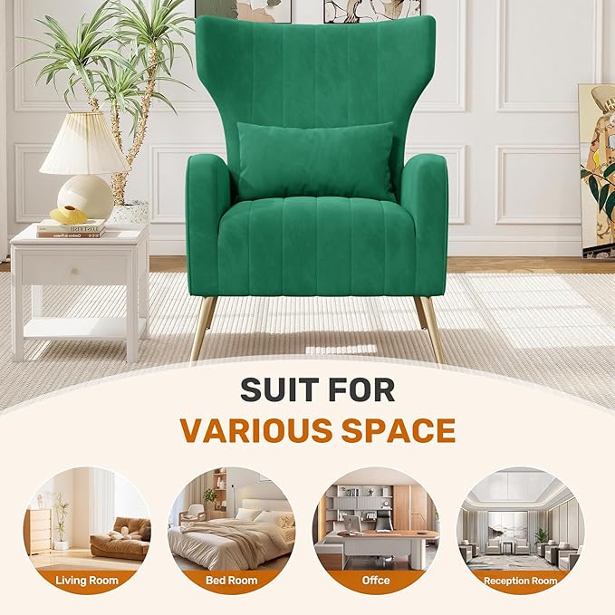 Velvet Accent Chair Wingback for Living Room High Back Arm Chair with Golden Legs Lumbar Pillow Upholstered Single Sofa Bedroom Green