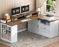 Farmhouse L Shaped Desk with Drawers 53 Inch Executive Desk with File Cabinet and Monitor Stand Wooden Corner Computer Desk with Power Strip for Home Office Work and Study White and Walnut