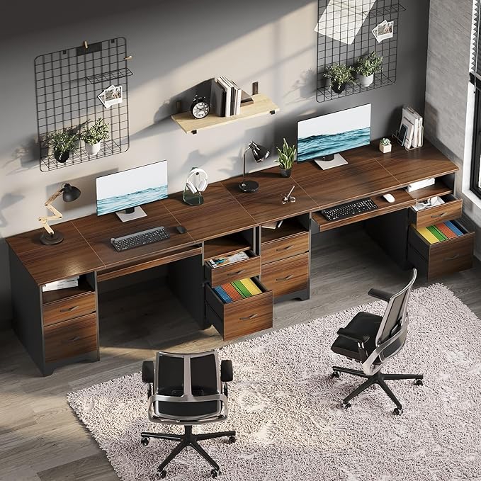 Bestier 59” Computer Desk with 4 Drawers Office Desk with Storage Industrial Executive Desk with File Drawer Keyboard Tray &amp 2 Pedestals for Home Office &amp Studio Cherry