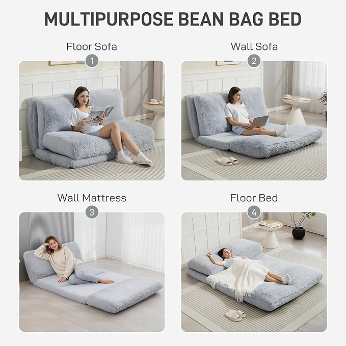 HOMCOM Bean Bag Chair Floor Sofa Bed for Adults Thick Long Folding Sofa Bed 54 x102 in Wall Couch Sleeper Chair Floor Mattress for Living Room Light Gray