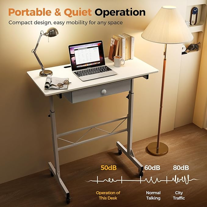 GTPLAYER Small Mobile Standing Desk 32In Wide Adjustable Height Stand Up Desk for Home Office Portable Sit Stand Rolling Computer Desk with Wheels Storage Drawer and Slot Carbon Fiber Style White