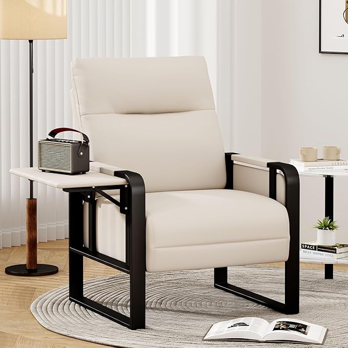 Aklaus Multifunctional Iron Frame Accent Chair with Foldable Side Table Reading Papasan Armchair with Extra Soft Cushion Oversized Chair for Living Room Office Bedroom Study (Beige Pack of 1)