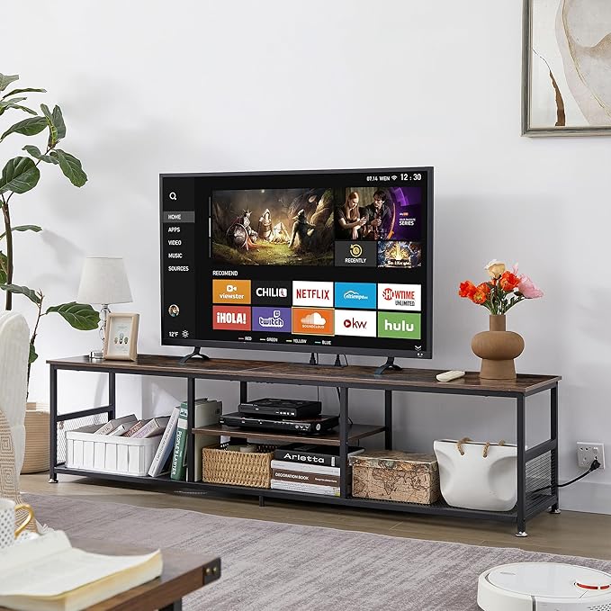 VECELO TV Stand with Power Outlets for Televisions up to 75Inch 62 Media Entertainment Center with Charging Station 3-Tier Open Storage Shelves with Metal Frame for Living Room/BedroomBrown