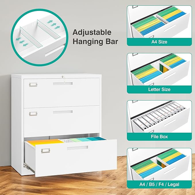 SISESOL 3 Drawer Lateral File Cabinet with LockWhite Lateral Filing CabinetHorizontal Metal Filing CabinetLocked Wide Three Drawer File Cabinet for Office HomeFit A4/F4/Letter/Legal File
