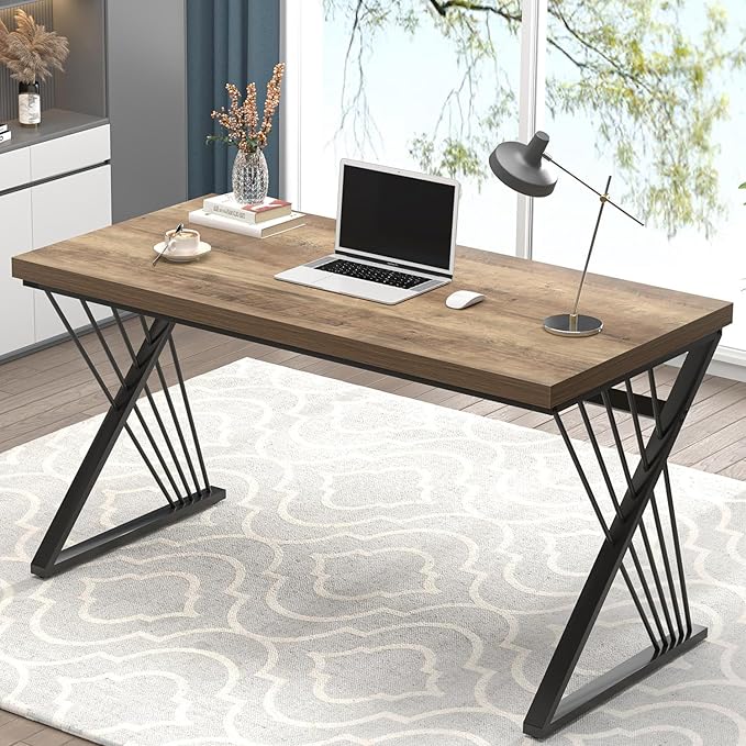 FOLUBAN Computer Desk Modern Home Office Desk Wood and Metal Study Writing Gaming Table for Bedroom Living Room Rustic Oak 53 Inch