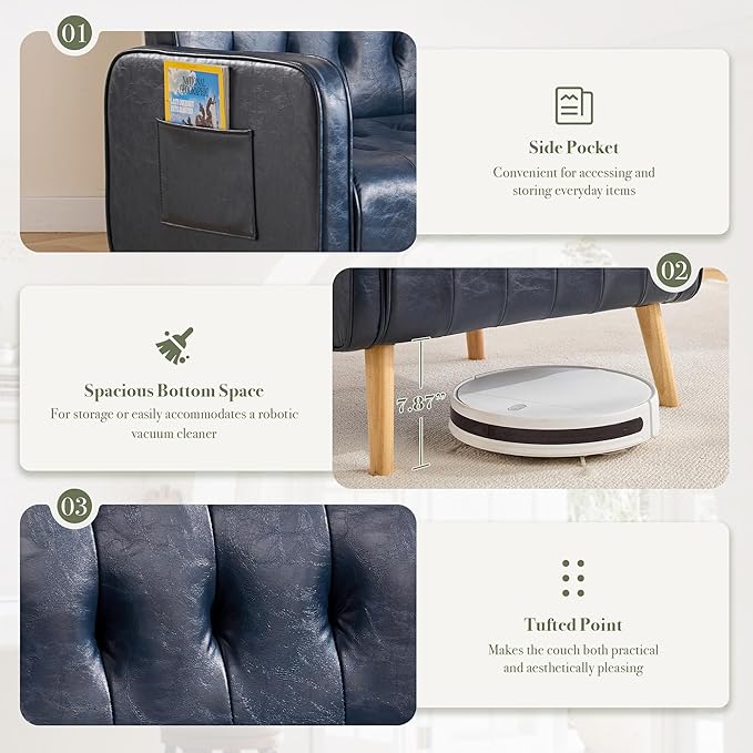Leather Accent Chair Mid-Century Modern Tufted Living Room Chair with Wooden Legs and Pocket Cozy Office Reading Chair Comfy Reception Armchair for Living Room Waiting Room Bedroom
