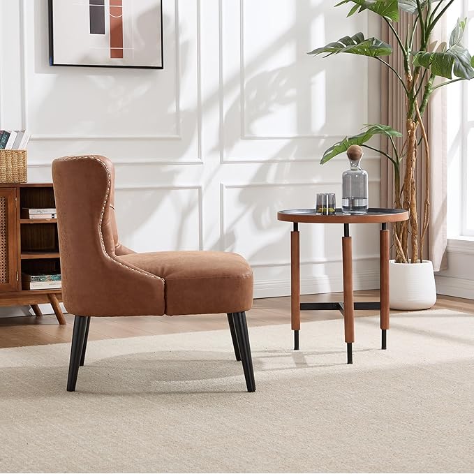 Kmax Accent Chairs Set of 2 Leather Slipper Chairs with Button Tufted Wingback Armless Living Room Chairs with Nails Modern Side Chairs for Bedroom Reception Small Space - Pu Brown Black Legs