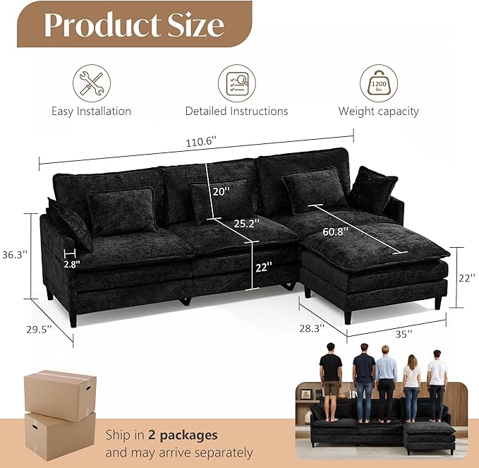 SAMERY 111 L Shaped Couch Cloud Sofa Modular Sectional Couch with Large Ottoman 3 Seater Chenille Oversized Deep Seat Sectional Sofa with Pillows for Living Room Bedroom Apartment