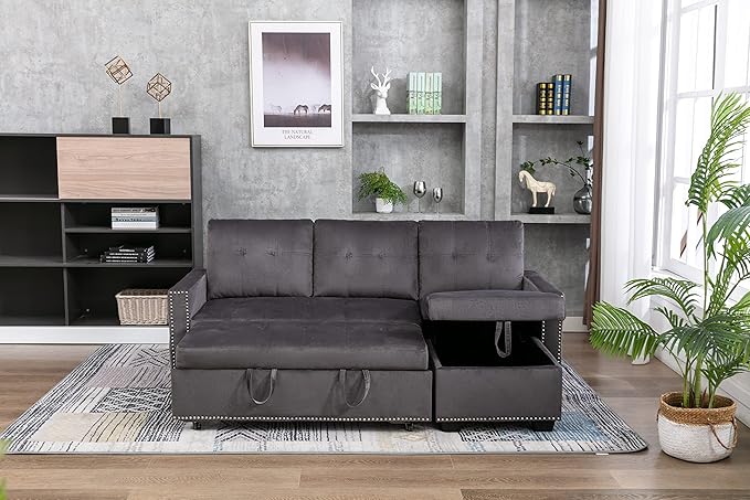 Merax 76.8 Pull Out Sleeper Reversible Sectional Storage Sofa BedConvertible Velvet Corner Sofa Bed and Reversible Storage Chaise L-Shaped Sleeper Sofa for Living RoomDark Gray