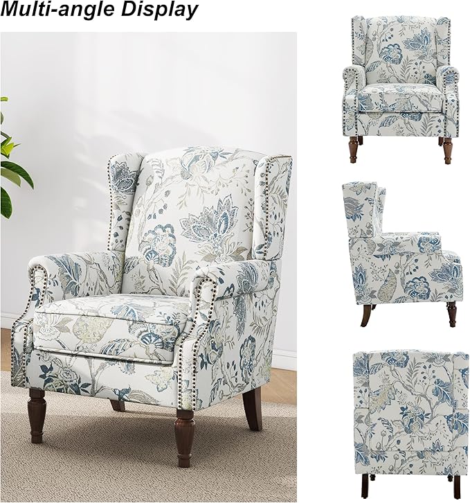 Floral High Back Accent Chair Upholstered Armchair with Solid Wood Legs Comfy Wingback Reading Single Sofa Chair for Small Spaces Living Room Bedroom(Floral Plants Blue Set of 2)