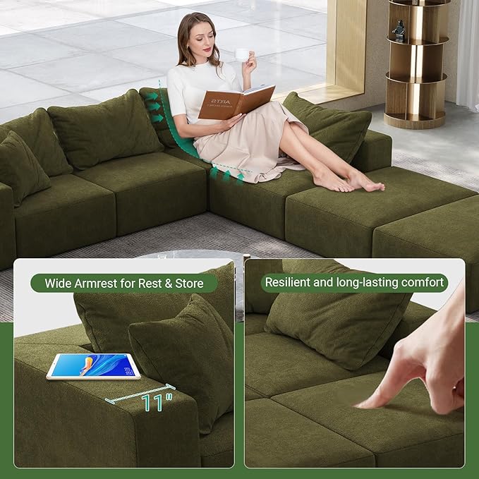162 Oversized Cloud Couch Upholstered Modular Sectional Sofa with 6 Pillows Deep Seat Chenille Couches for Living Room Free Combination No Assembly Required (Green)