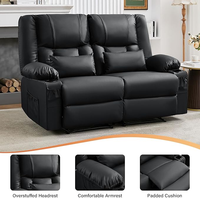 Black Leather Reclining Loveseat with Massage/Heat/Pillow/USB/Cup Holders Oversized Loveseat Recliner for Living Room Manual Reclining Sofa for Adults 700 Lbs Capacity (Black)