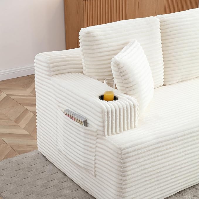 Floor Loveseat Boneless Sofa Couch in a Box with Cup Holder and Side Pockets Corduroy Upholstered 2 Seater Cloud Foam Sofa with Deep Seating for Living Room No Assembly | Breathable material Cuphol