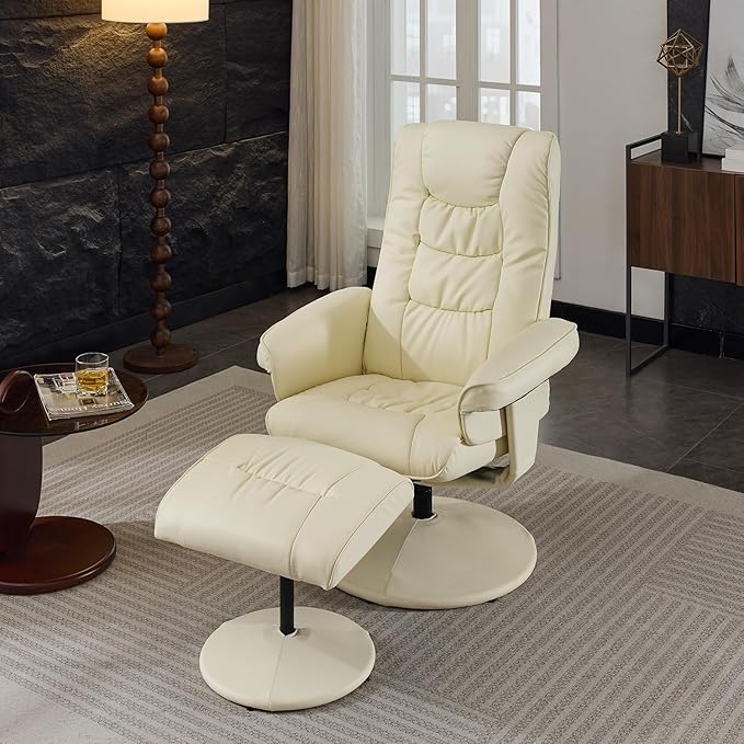 Ergonomic Recliner Chair with Ottoman for Adults 360° Swivel Massage Lounge Chair with 5-Point Vibration &amp Heated Seat140° Adjustable PU Leather Recliner for Living Room Office (Beige+PU)