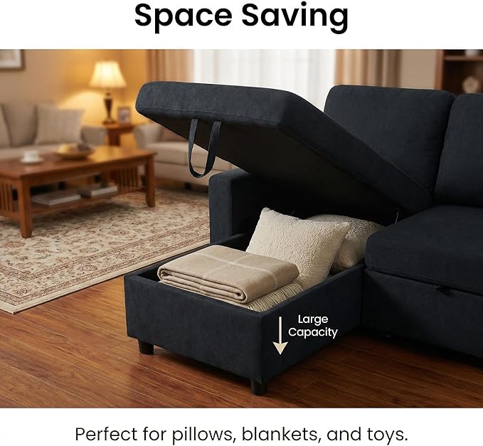 83 Inch L-Shape Sleeper Sofa with Pull Out Bed 3-in-1 Pull-Out Couch with Storage Chaise Sectional Convertible Couch for Living Room Apartment Black