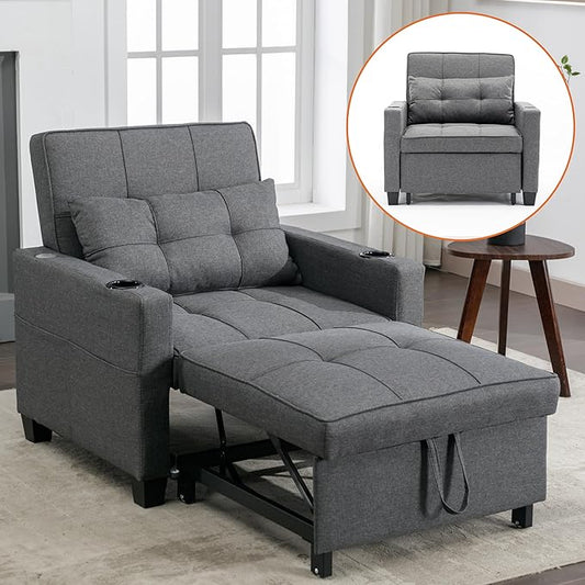 Modern Convertible Sleeper Sofa Bed 3-in-1 Adjustable Futon Couch with Storage &amp Removable Armrests for Apartment Studio Office Small Spaces (Grey)