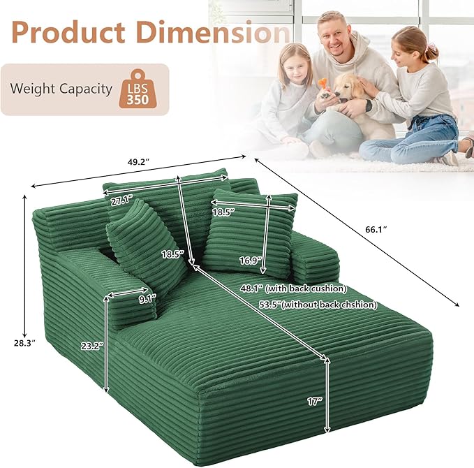 49.2 Oversized Chaise Lounge Chair Deep Seat Upholstered Cozy Cloud Couch Modern Corduroy Floor Sleeper Sofa Bed Reading Chair for Living Room Bedroom Apartment Office Indoor Green