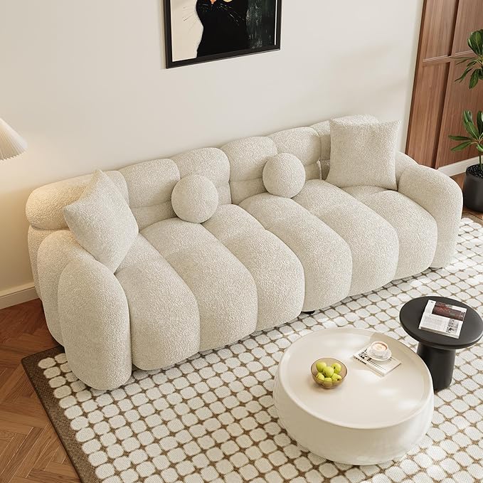 Boucle Sofa Couch 87.3 Modern Tufted Upholstered Teddy 3 Seater Sofa with 4 Pillows Sherpa Deep Seat Cloud Couch Comfy Loveseat Oversized Sofas for Living Room Apartment Beige White