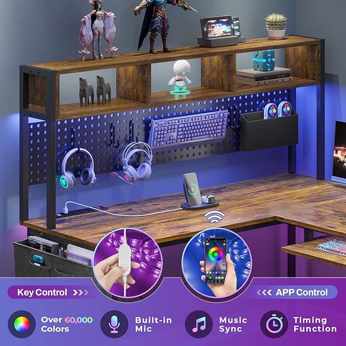 SEDETA L Shaped Computer Desk Reversible Corner Desk with Power Outlet and Pegboard Computer Desk with Led Lights Keyboard Tray Headphone Hook and Storage Shelves Rustic Brown