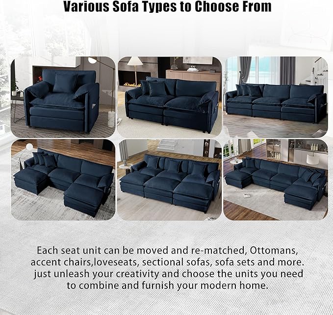 144 Modular Sectional SofaU-Shaped Chenille Sofa Couch with Movable OttomanModern 6 Seat Cloud Sectional Couches for Living Room Office Home (Blue 144 U-6 Seater)