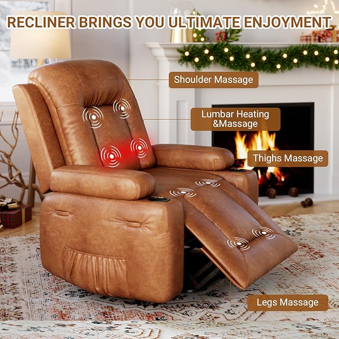 Power Lift Recliner with Heat and Massage – Adjustable Reclining Chair for Elderly with Cup Holders Side Pockets and USB Port for Living Room 22 Seat Brown