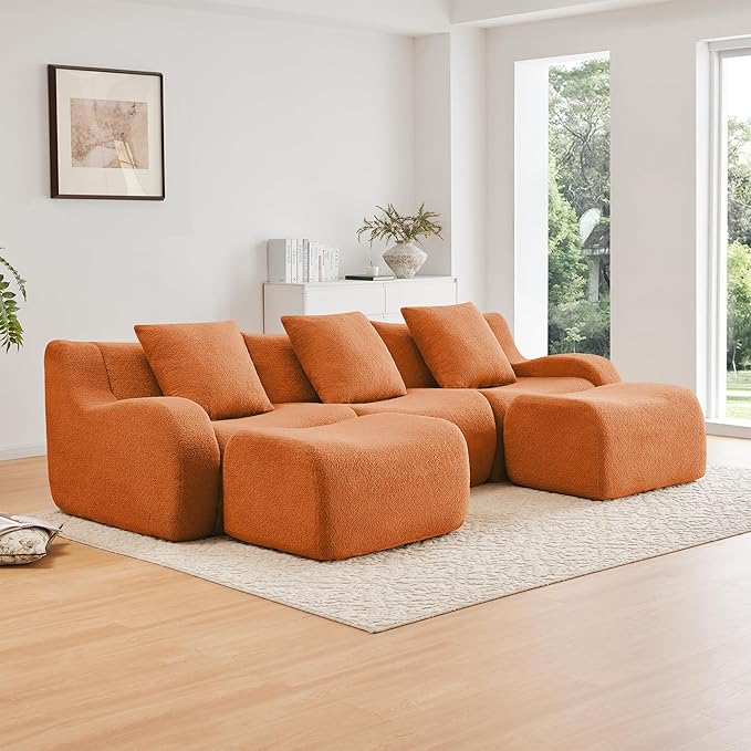 Boneless Cloud Couch Modular Sectional Sofa U Shaped Couch 3 Seater Comfy Teddy Sofa Deep Seat Sectional Couches for Living Room Oversized Floor Couches with Ottoman No Assembly Orange